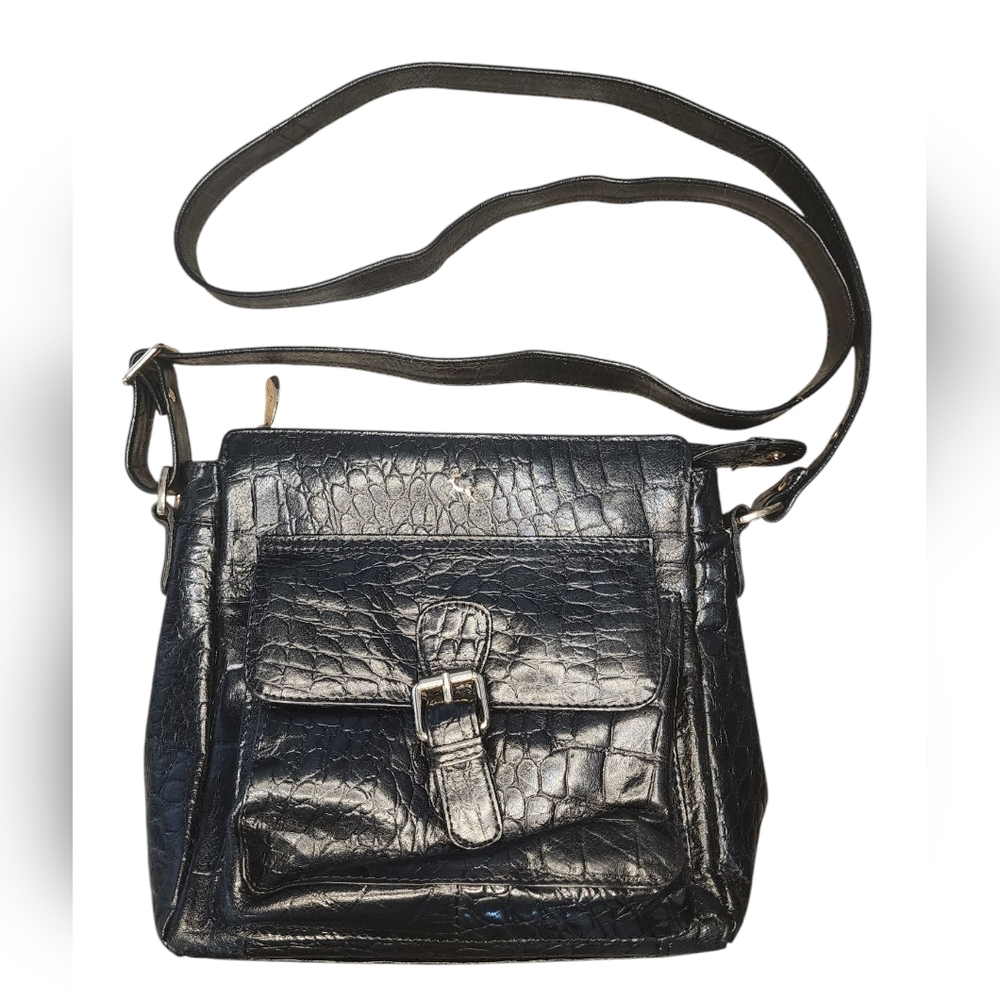 ASHWOOD genuine leather croc-embossed crossbody bag, black